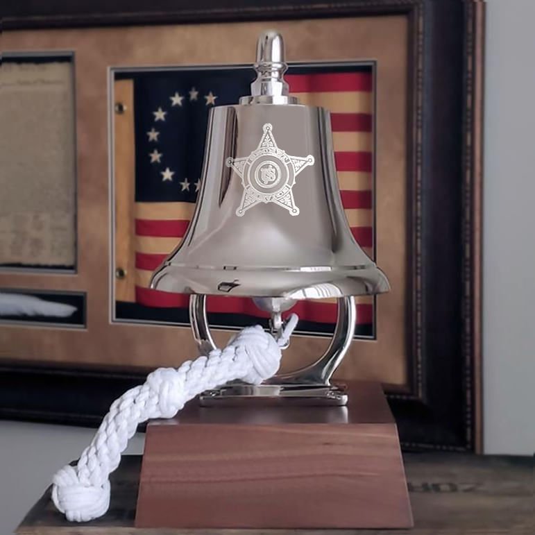 Nickel plated solid brass ceremonial bell with hand tied rope and deluxe walnut base