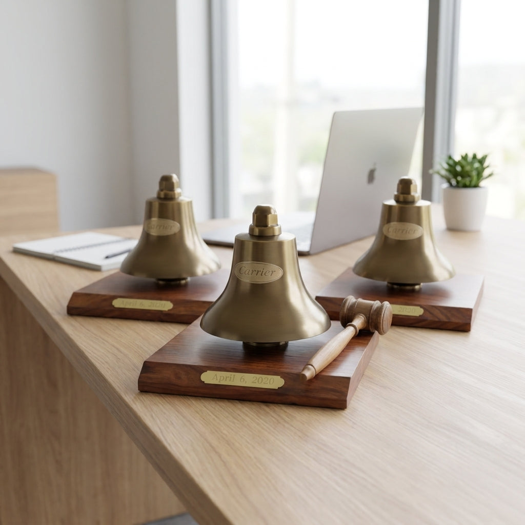Three antique brass desk bells with engraved company logos on a desk by a laptop